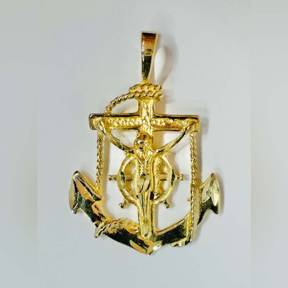 Gold-Tone Mariner's Cross Anchor Crucifix Pendant (Non-Gold, 14K Stamp)